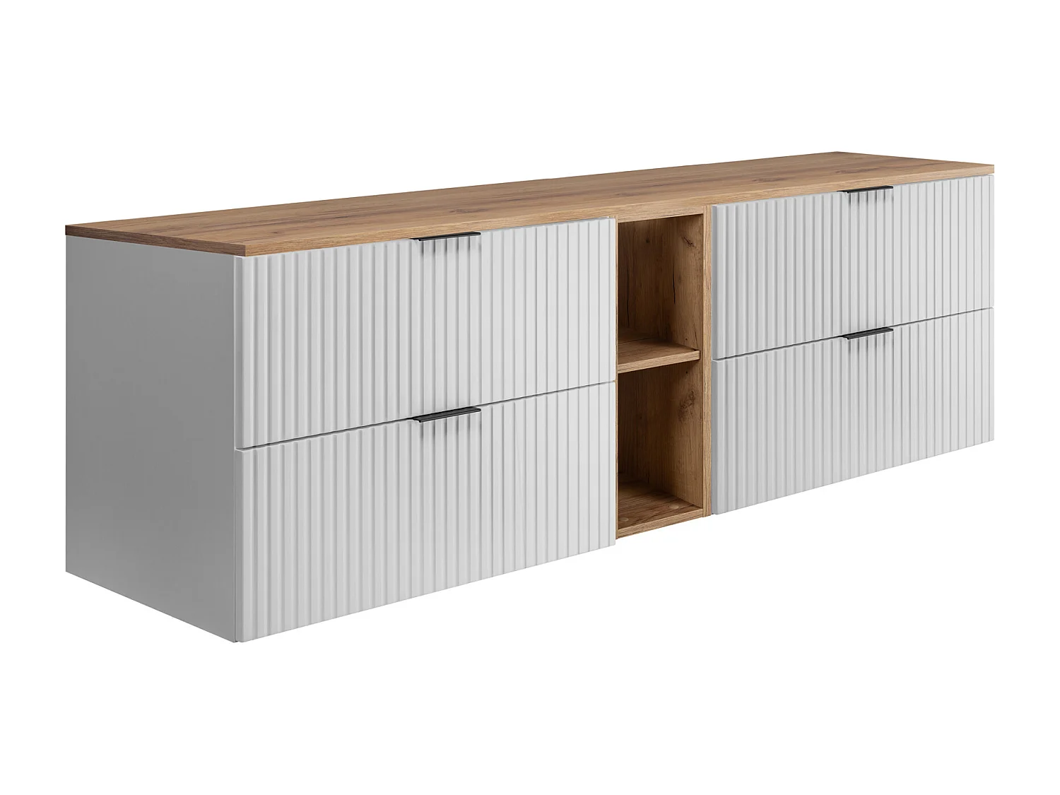 Meuble sous vasque FLOW 180 cm blanc avec étagère et plan de travail chêne craft doré