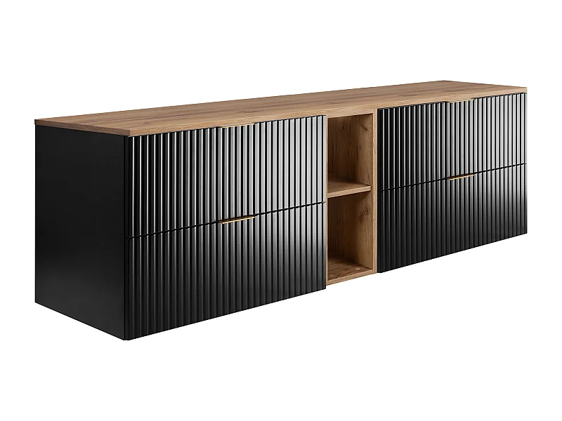 Mobile da bagno scanalato nero FLOW 180 cm con scaffale e piano in rovere craft oro