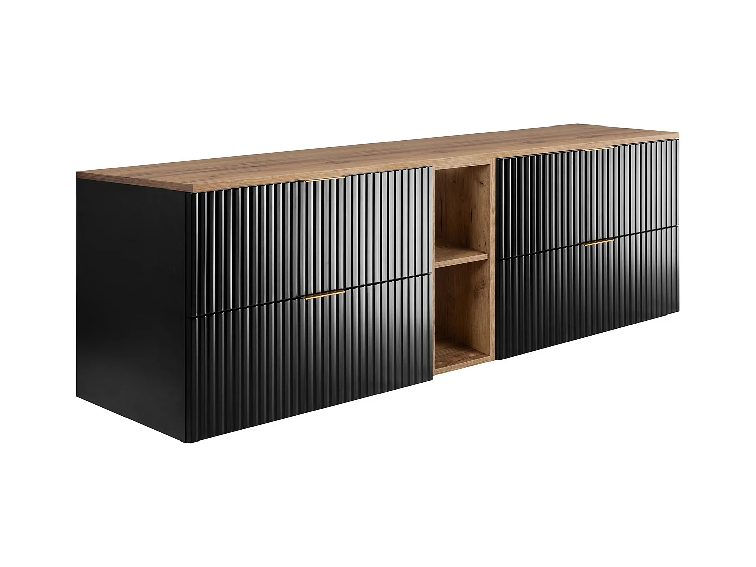 Meuble sous vasque noir FLOW 180 cm avec étagère et plan de travail chêne craft doré