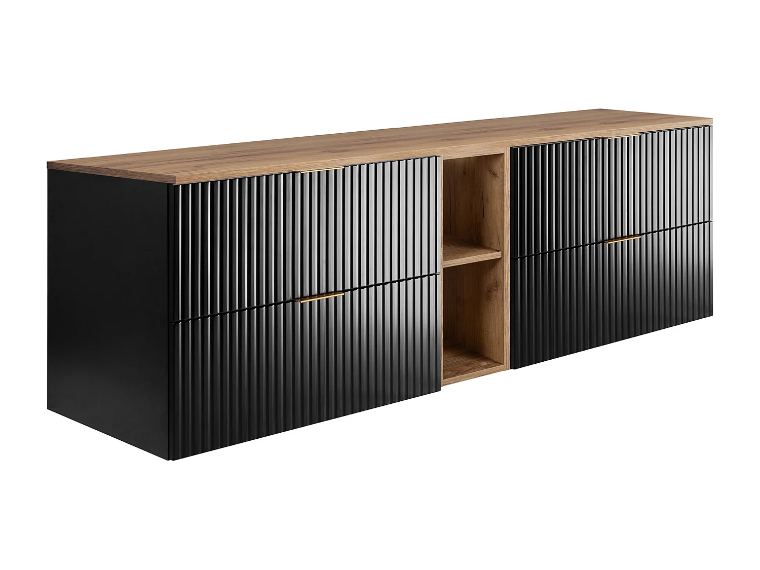 Meuble sous vasque noir FLOW 180 cm avec étagère et plan de travail chêne craft doré