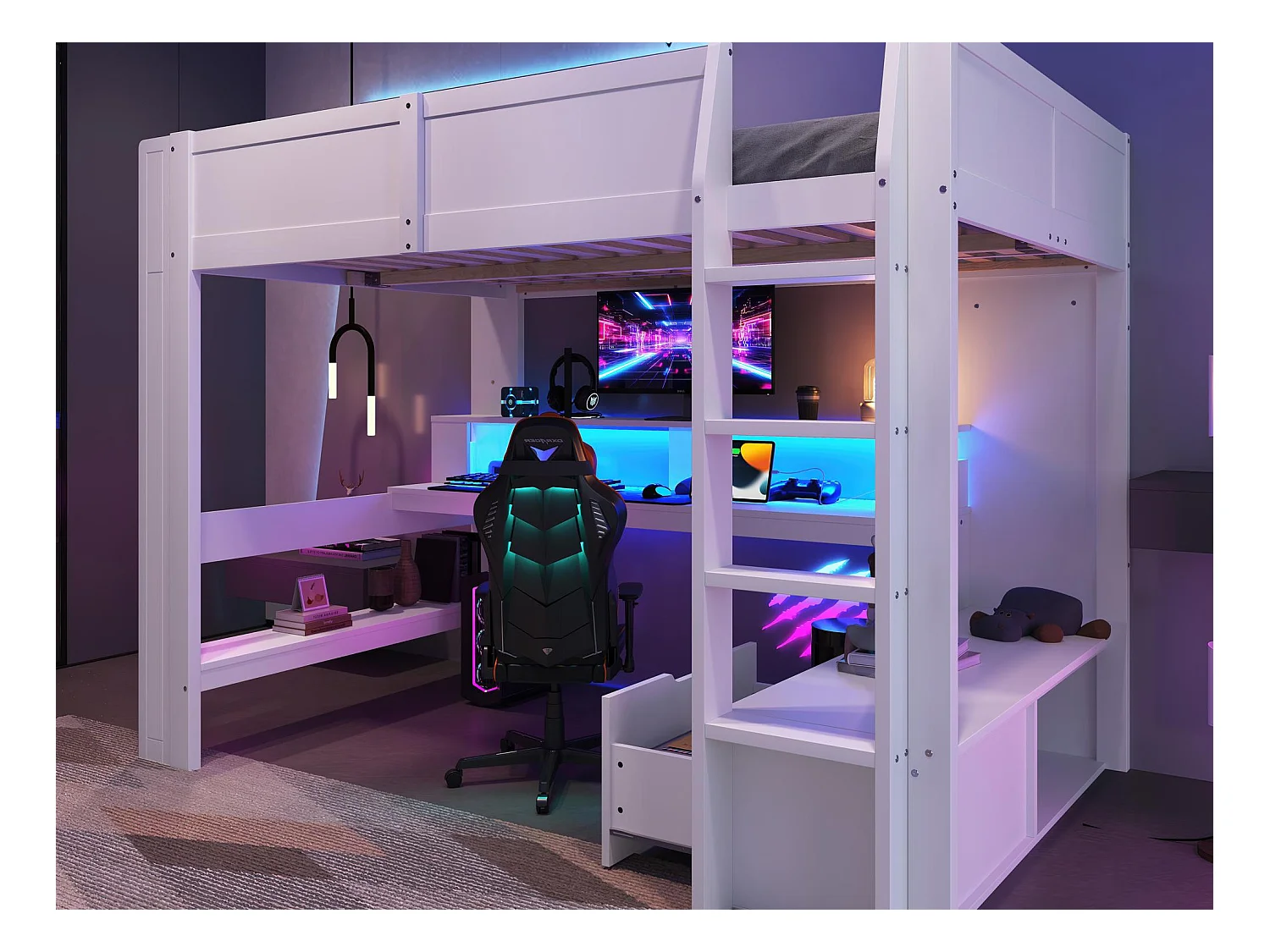 Lit mezzanine 140x200 cm - avec bureau - avec éclairage LED - avec 1 tiroir - avec étagère - blanc (sans matelas)