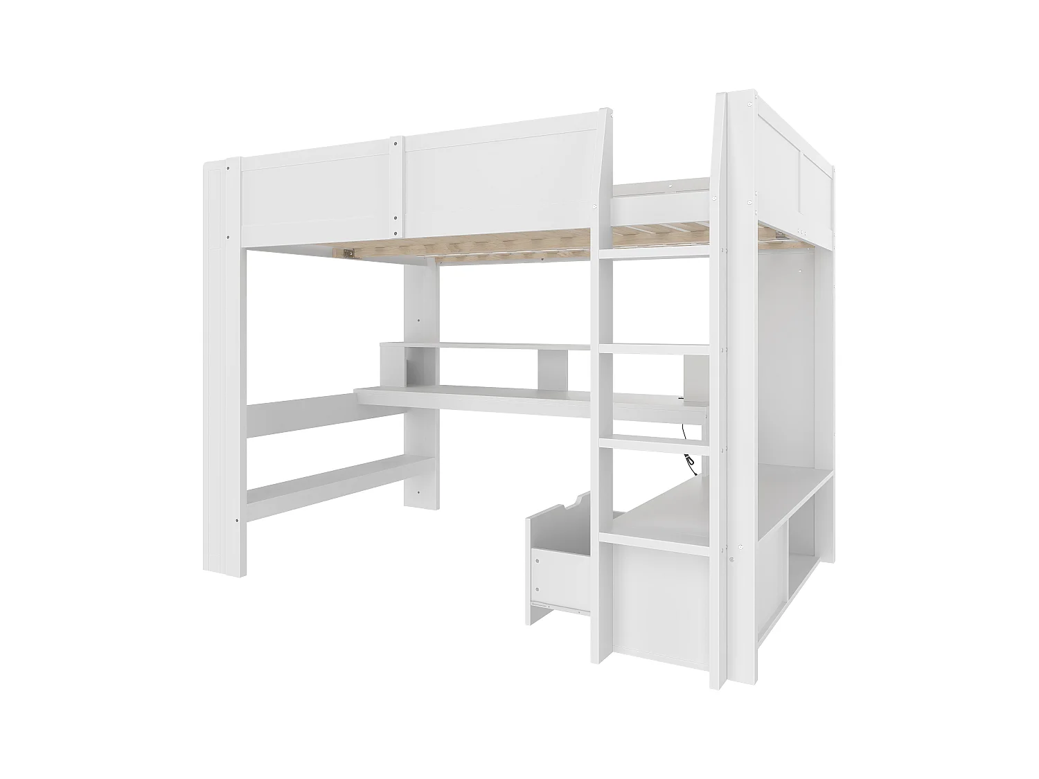 Lit mezzanine 140x200 cm - avec bureau - avec éclairage LED - avec 1 tiroir - avec étagère - blanc (sans matelas)