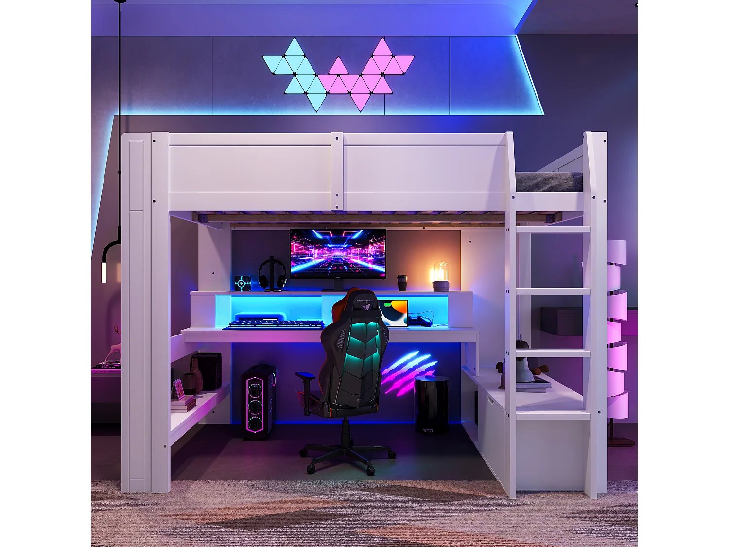 Lit mezzanine 140x200 cm - avec bureau - avec éclairage LED - avec 1 tiroir - avec étagère - blanc (sans matelas)