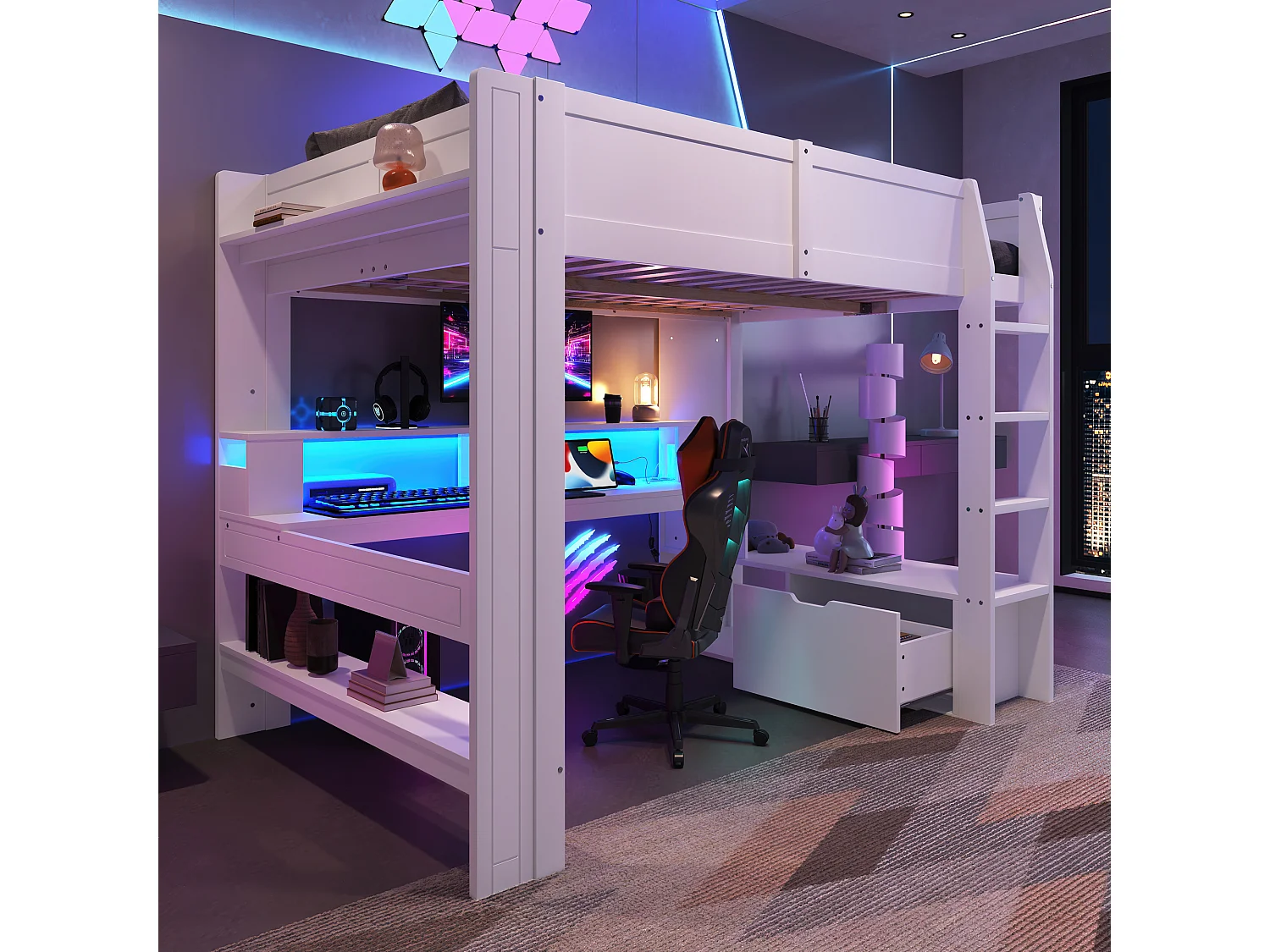 Lit mezzanine 140x200 cm - avec bureau - avec éclairage LED - avec 1 tiroir - avec étagère - blanc (sans matelas)