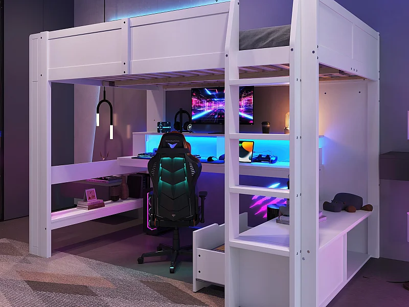 Lit mezzanine 140x200 cm - avec bureau - avec éclairage LED - avec 1 tiroir - avec étagère - blanc (sans matelas)