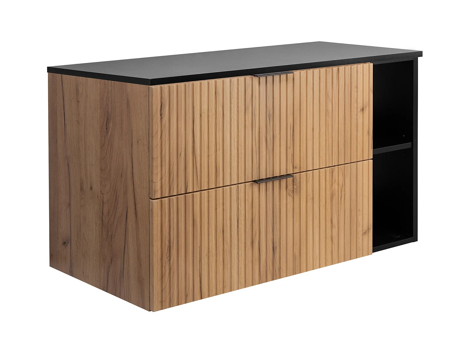 Meuble sous vasque FLOW 100 cm noir avec plan et étagère chêne craft doré, surface cannelée