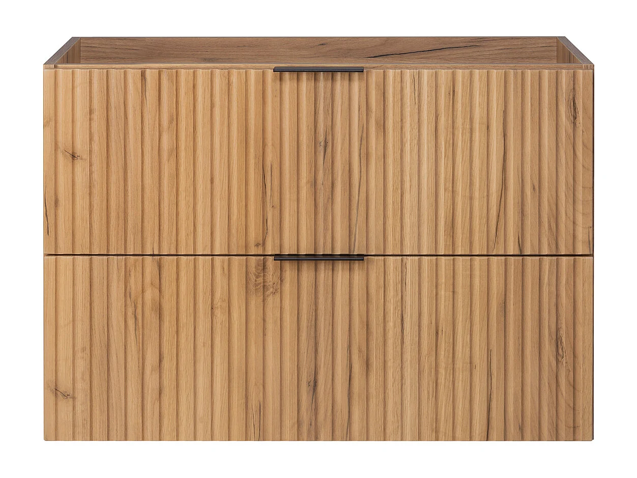 Meuble sous vasque FLOW 100 cm noir avec plan et étagère chêne craft doré, surface cannelée