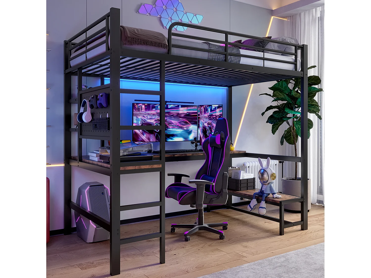 Hoogslaper met geïntegreerd bureau, metalen frame, meerdere opbergruimtes, LED, USB+Type-C-aansluitingen, zwart (204x95x180 cm)