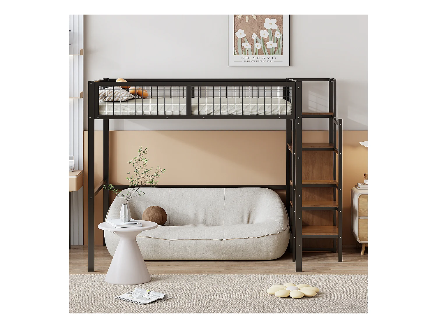 Hoogslaper 140x200 cm met ladder, kinderbed met metalen frame en opbergplank, kledingkast, zwart (249x145x180 cm)