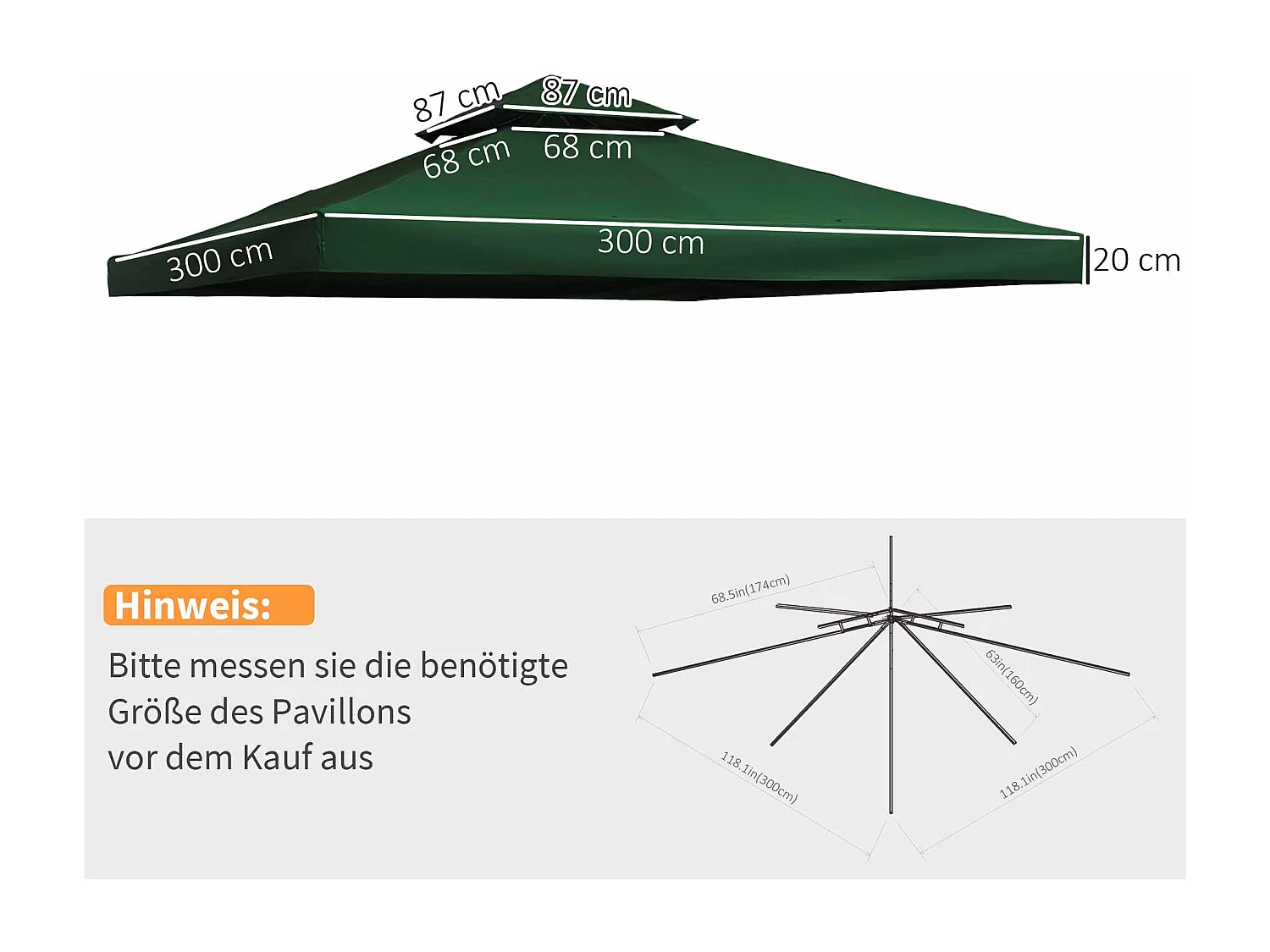 Toit de pavillon de remplacement 3x3m, polyester hydrofuge, gris charbon pour pavillon en métal & jardin (300x300xNon Applicable cm)