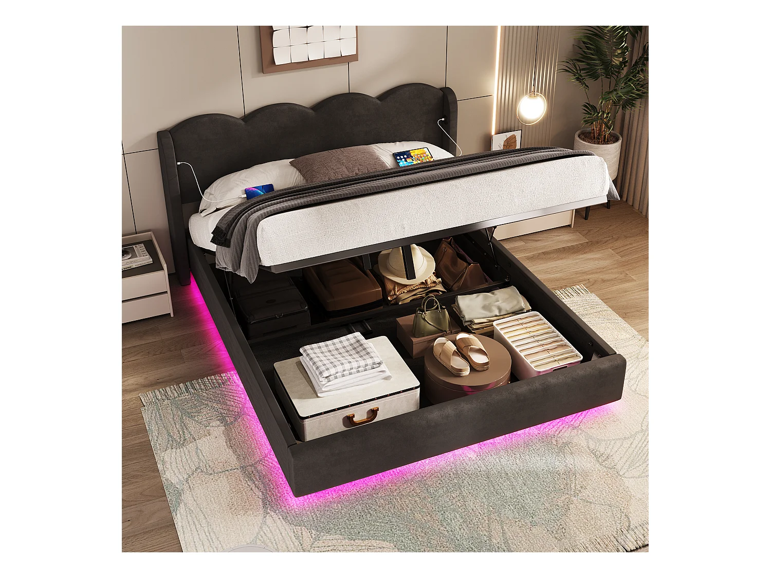 Lit coffre rembourré double - 160 x 200 cm - avec Leds + USB+C - rangement hydraulique - velours - noir