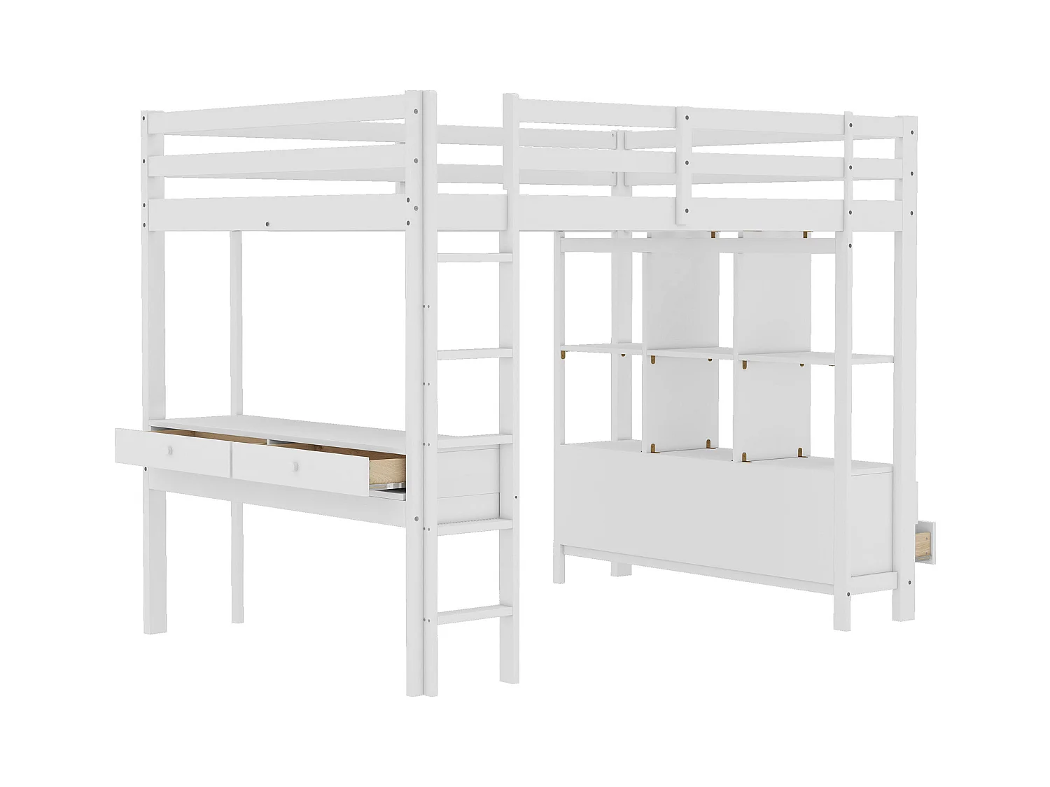 Cama alta con escritorio, 140x200 cm, madera de pino, color blanco, con escalera y almacenaje integrado