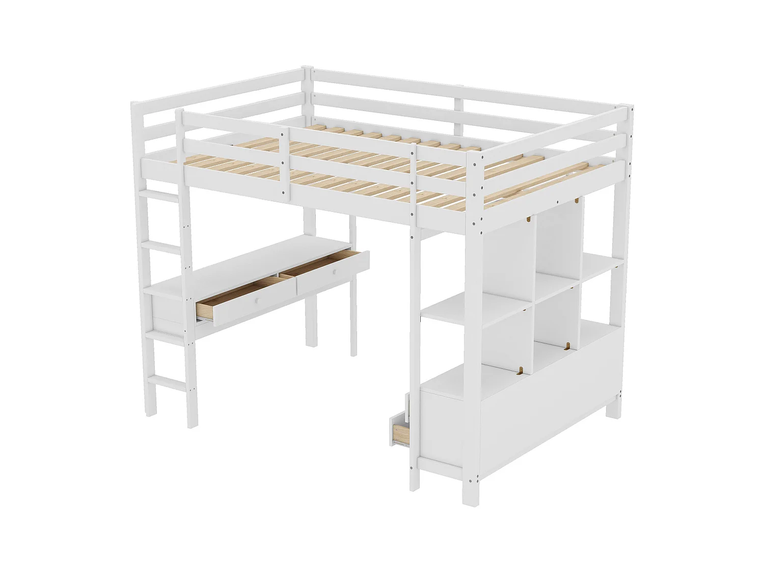 Cama alta con escritorio, 140x200 cm, madera de pino, color blanco, con escalera y almacenaje integrado