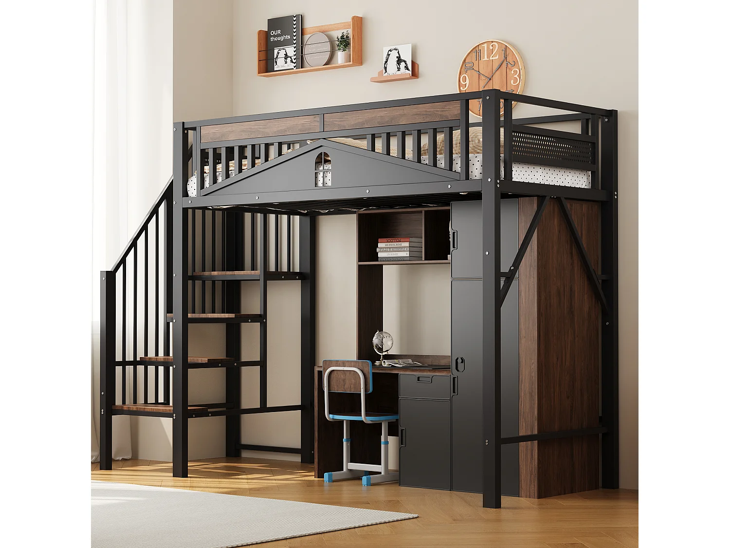 Cama alta de metal - 90 x 200 cm - com guarda-corpo + escada de segurança - madeira + metal - preto