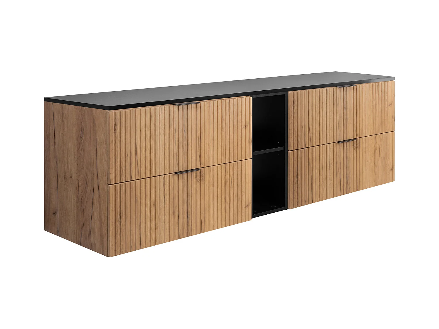 Meuble sous vasque FLOW 180 cm chêne avec étagère noire et plan de travail