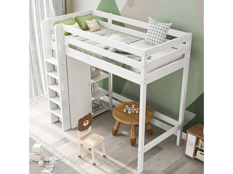 Lit mezzanine pour enfant avec armoire et 6 étagères, design moderne, bois massif et panneaux de particules, blanc (90x200 cm)