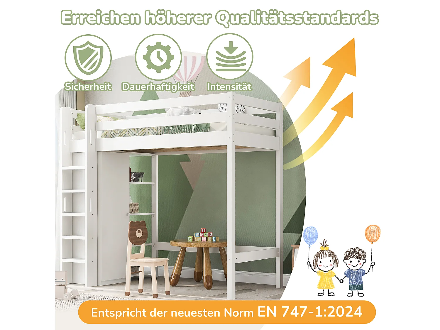 Lit mezzanine pour enfant avec armoire et 6 étagères, design moderne, bois massif et panneaux de particules, blanc (90x200 cm)