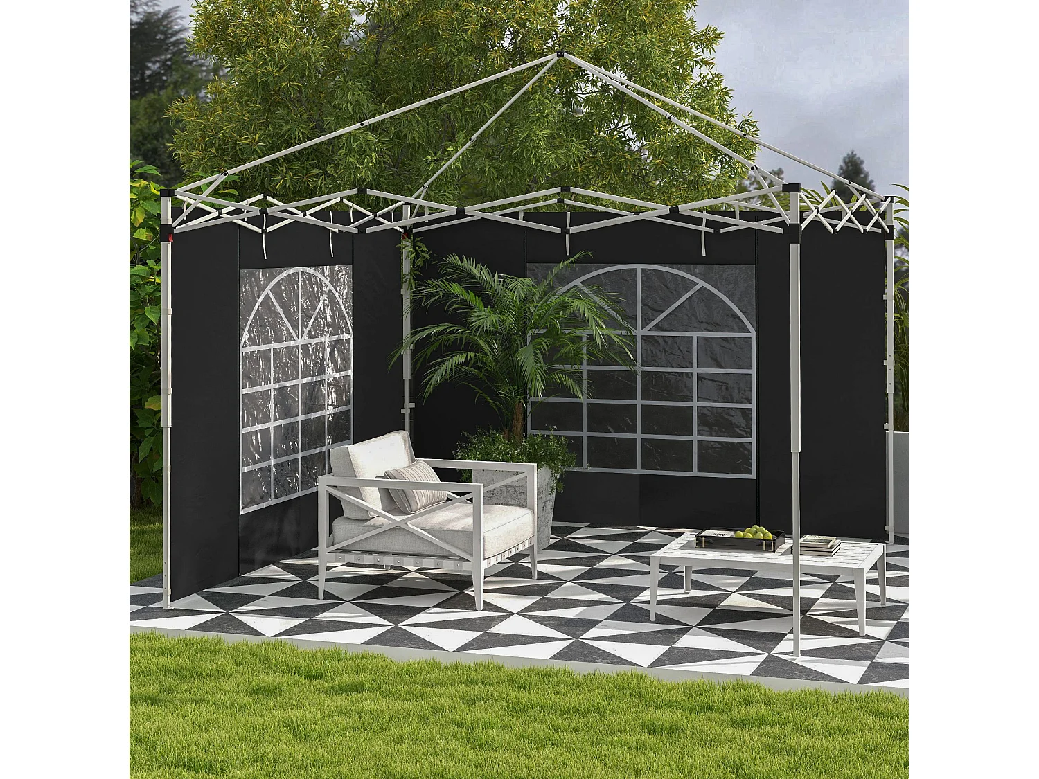 Gazebowand met ramen en klittenband, set van 2, voor 3x3/3x6 m paviljoen, waterdichte Oxford-stof, zwart (295x195 cm)
