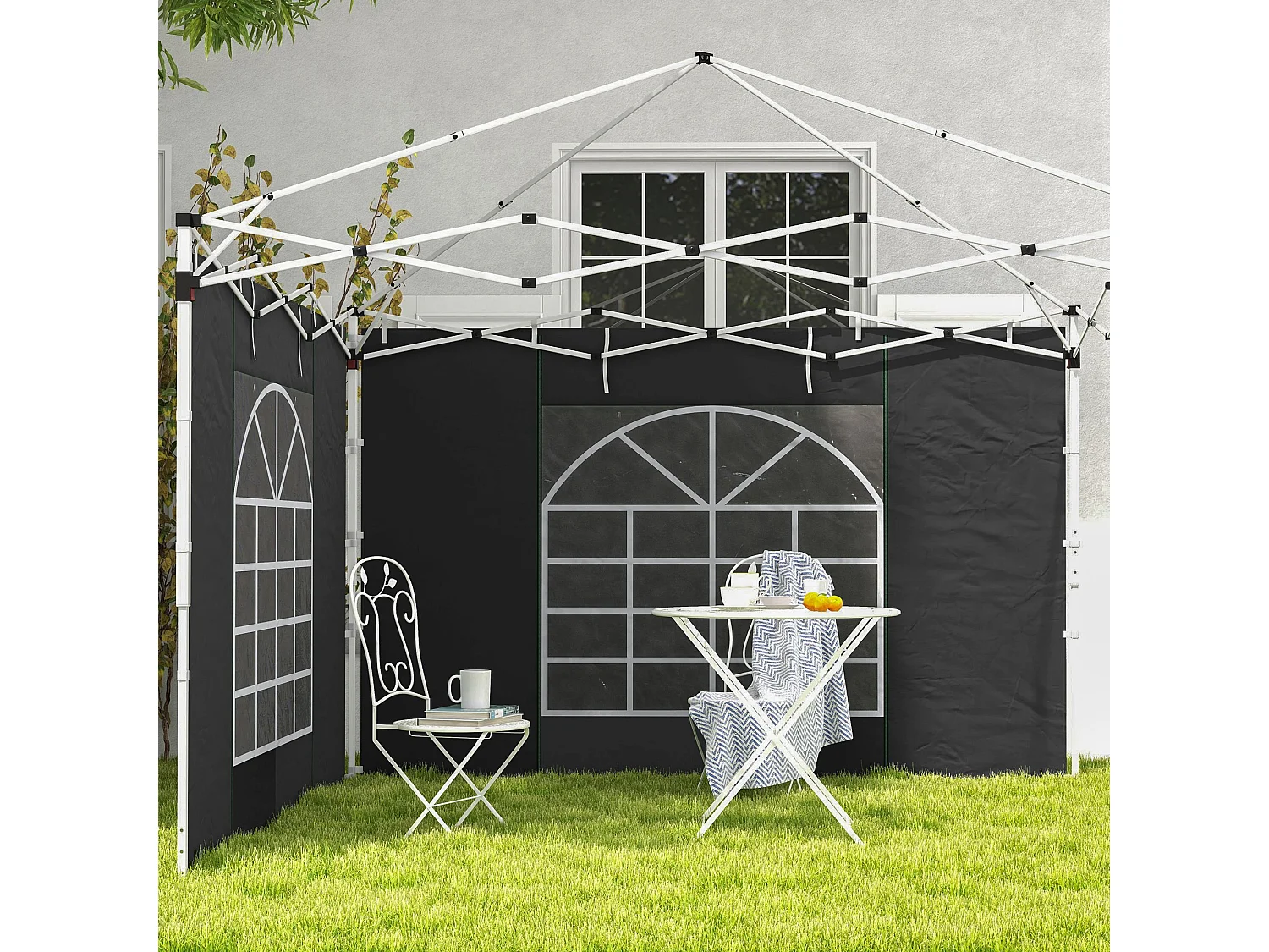 Gazebowand met ramen en klittenband, set van 2, voor 3x3/3x6 m paviljoen, waterdichte Oxford-stof, zwart (295x195 cm)