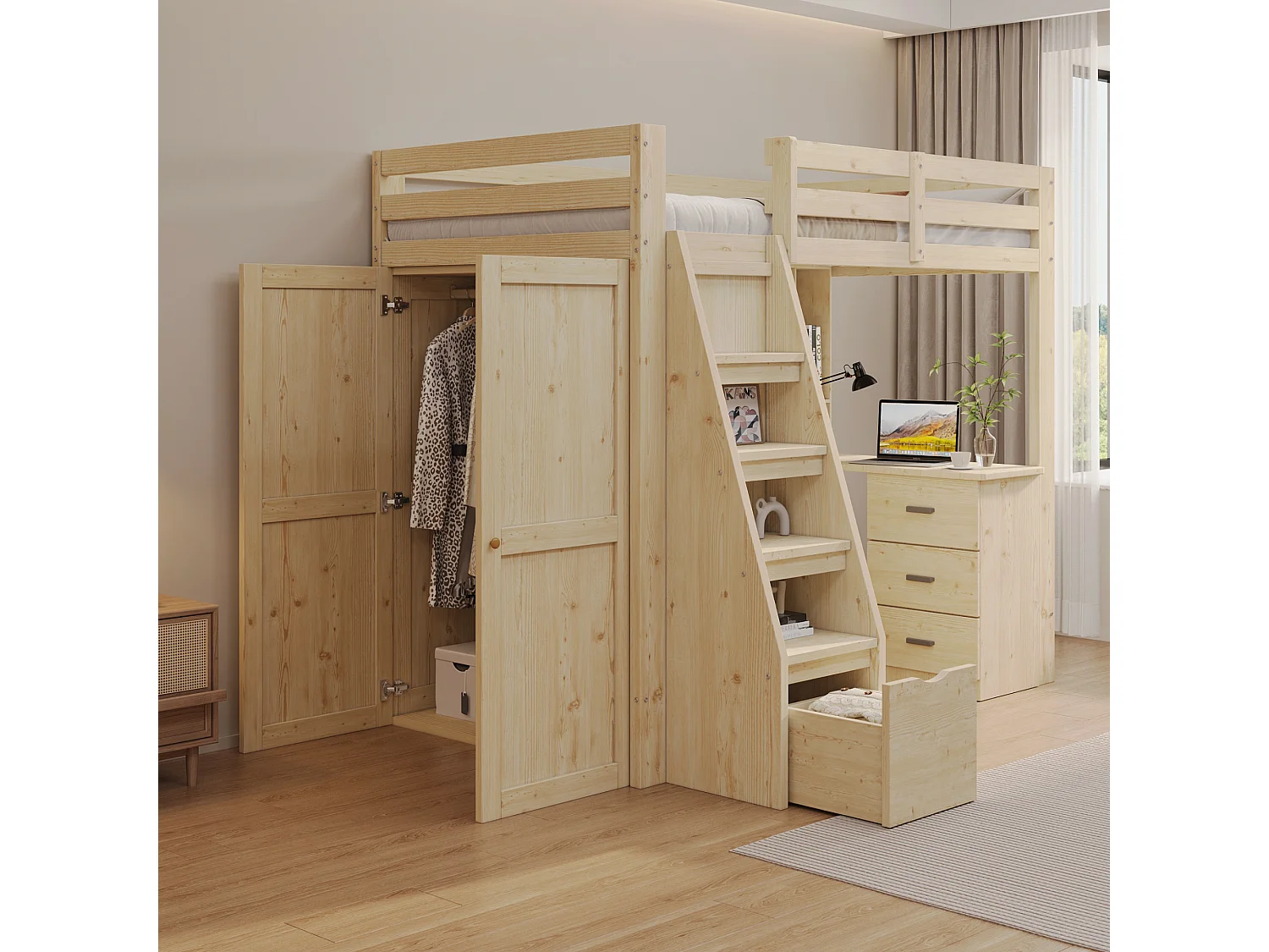 Cama alta de 90 x 200 cm con escalera de seguridad, armario de almacenamiento, estructura de madera natural (205 x 126 x 180 cm)