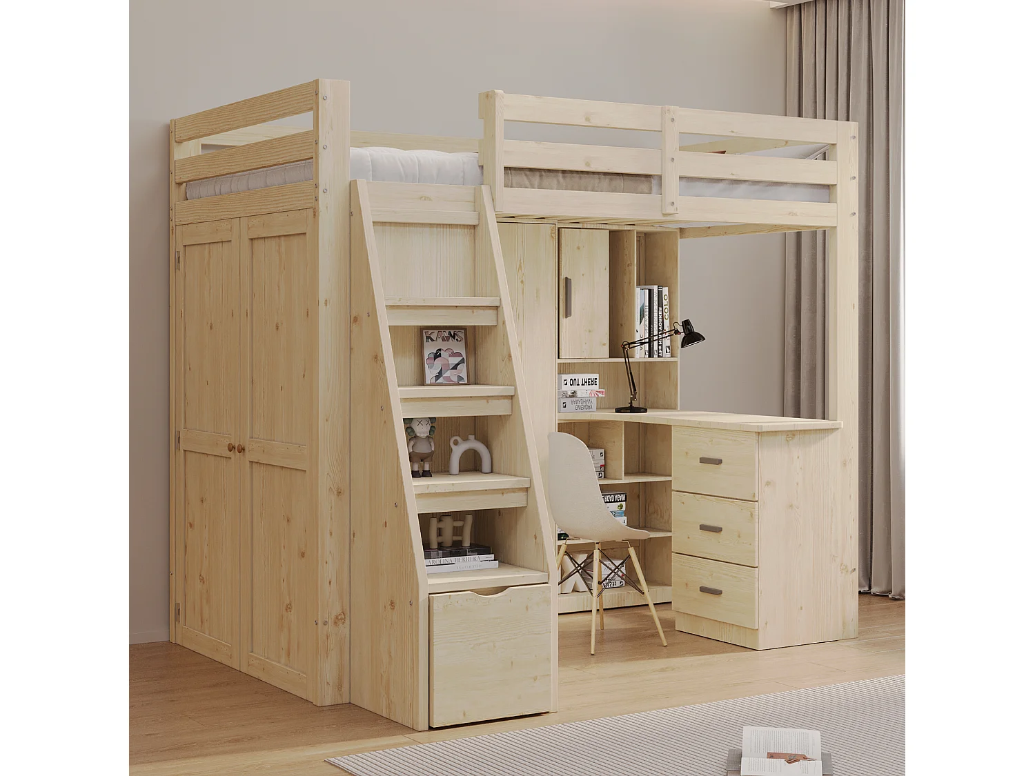 Cama alta de 90 x 200 cm con escalera de seguridad, armario de almacenamiento, estructura de madera natural (205 x 126 x 180 cm)