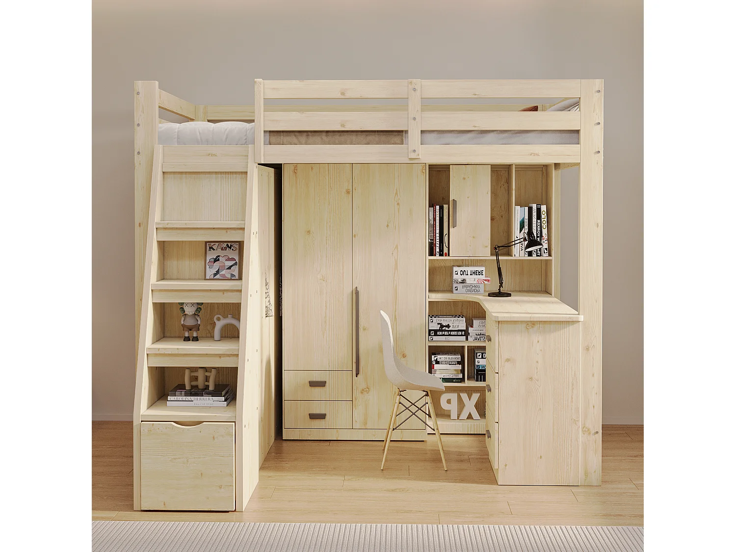 Cama alta de 90 x 200 cm con escalera de seguridad, armario de almacenamiento, estructura de madera natural (205 x 126 x 180 cm)