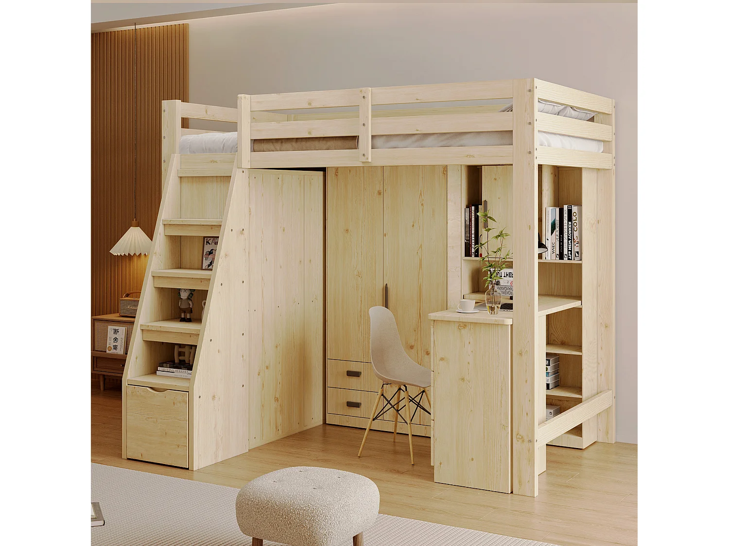 Cama alta de 90 x 200 cm con escalera de seguridad, armario de almacenamiento, estructura de madera natural (205 x 126 x 180 cm)