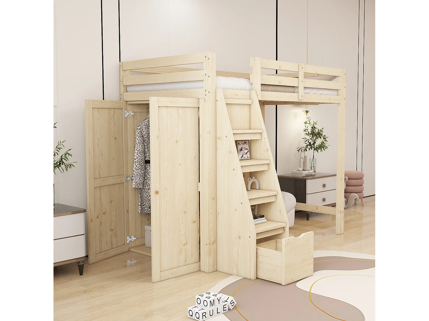 Cama alta de 90 x 200 cm con escalera de seguridad, armario de almacenamiento, estructura de madera natural (205 x 126 x 180 cm)