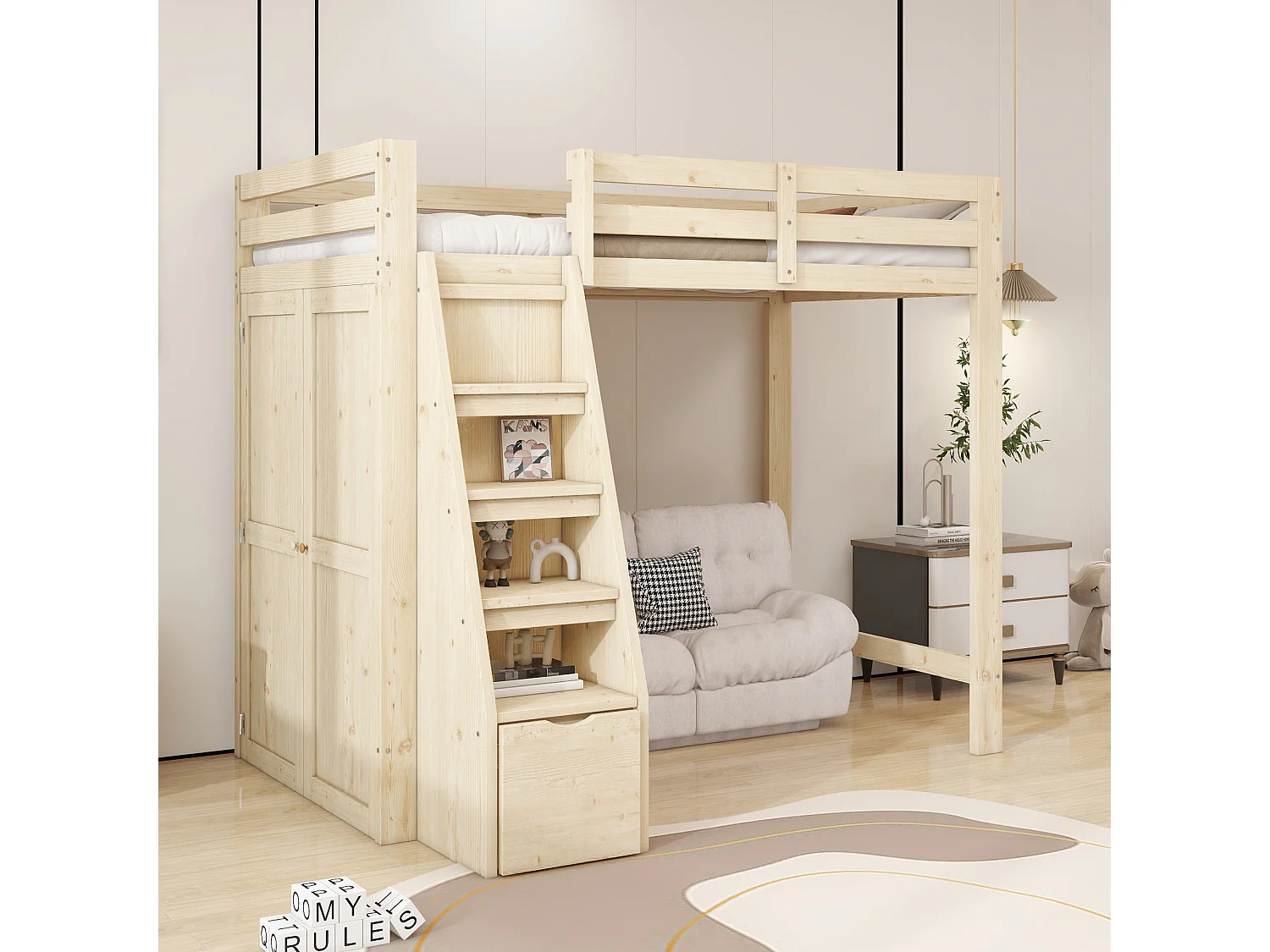 Cama alta de 90 x 200 cm con escalera de seguridad, armario de almacenamiento, estructura de madera natural (205 x 126 x 180 cm)