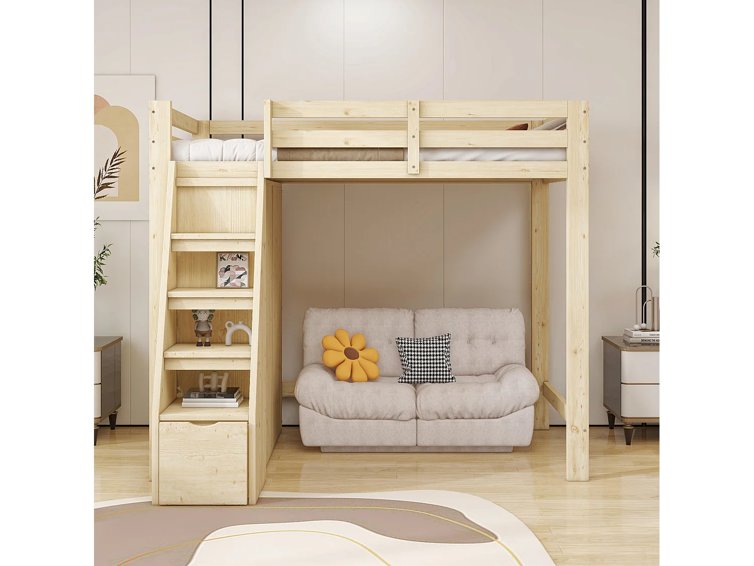Cama alta de 90 x 200 cm con escalera de seguridad, armario de almacenamiento, estructura de madera natural (205 x 126 x 180 cm)