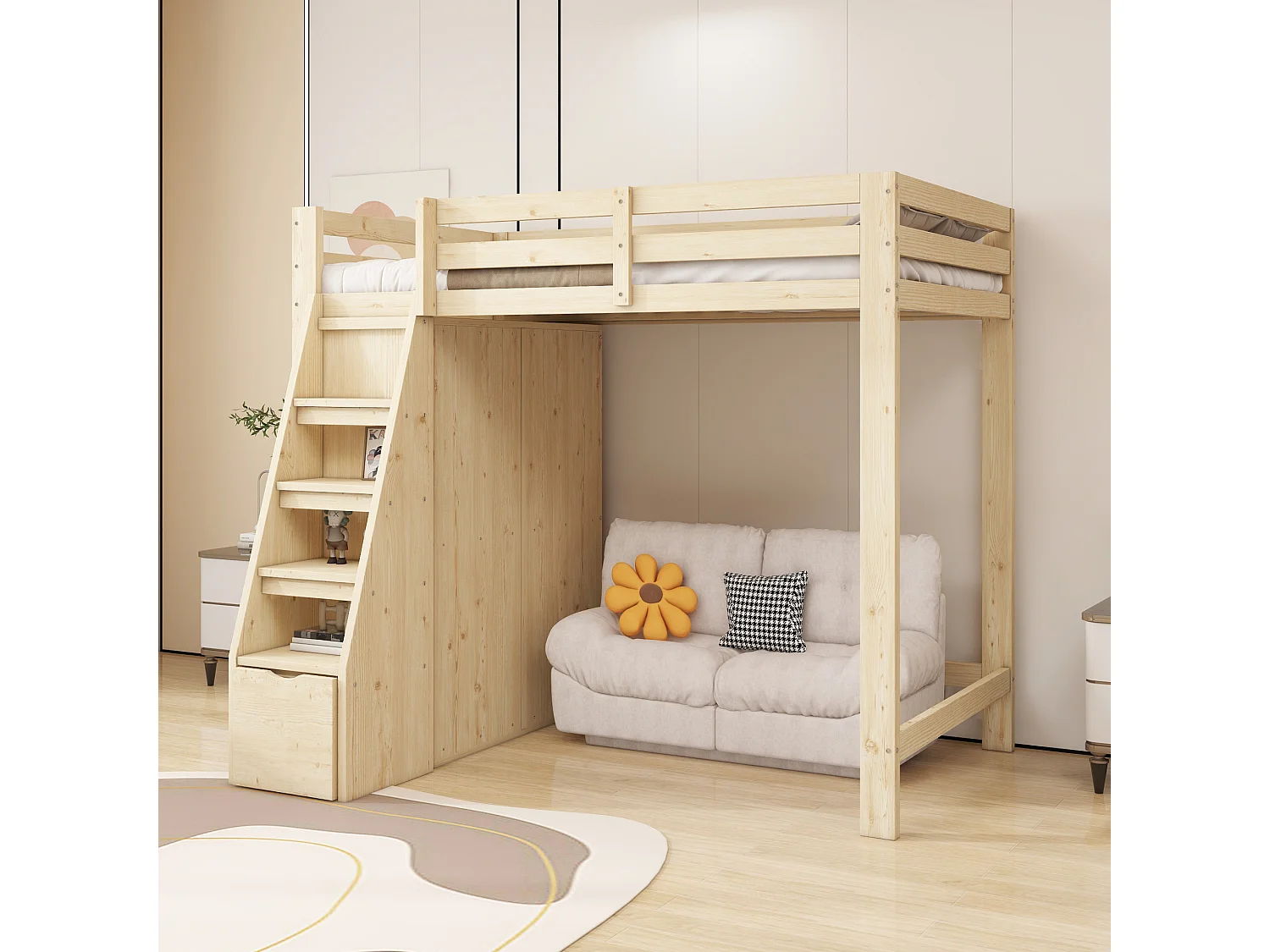 Cama alta de 90 x 200 cm con escalera de seguridad, armario de almacenamiento, estructura de madera natural (205 x 126 x 180 cm)