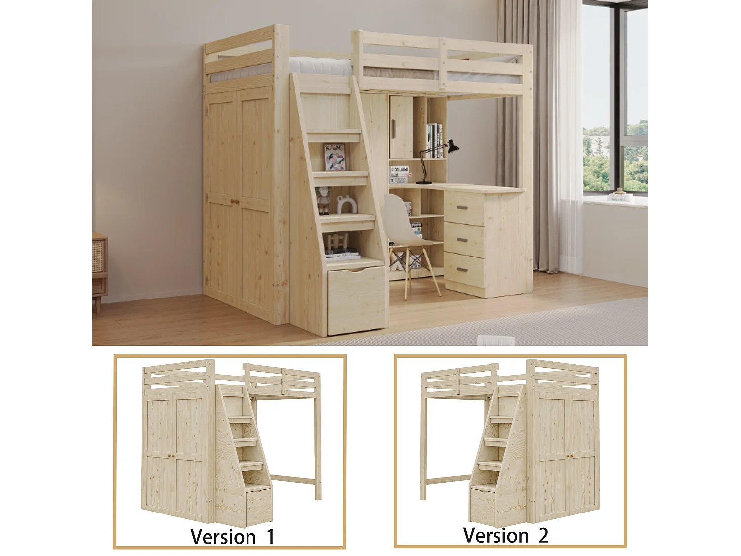 Cama alta de 90 x 200 cm con escalera de seguridad, armario de almacenamiento, estructura de madera natural (205 x 126 x 180 cm)