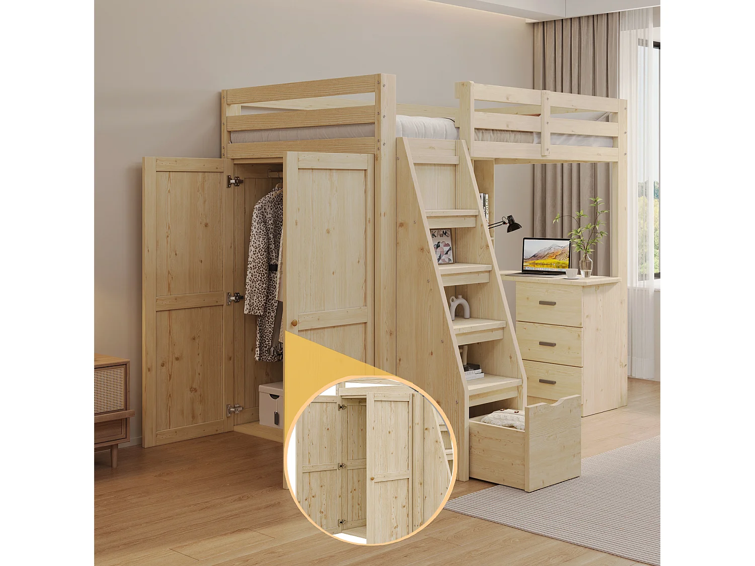 Cama alta de 90 x 200 cm con escalera de seguridad, armario de almacenamiento, estructura de madera natural (205 x 126 x 180 cm)