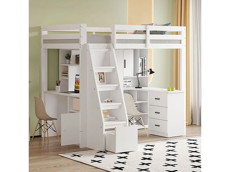 Letto a soppalco 90x200 cm, scrivania con ripiani e contenitore, scaletta di sicurezza con cassetti, struttura in legno massello, Bianco (205x126x180 cm)