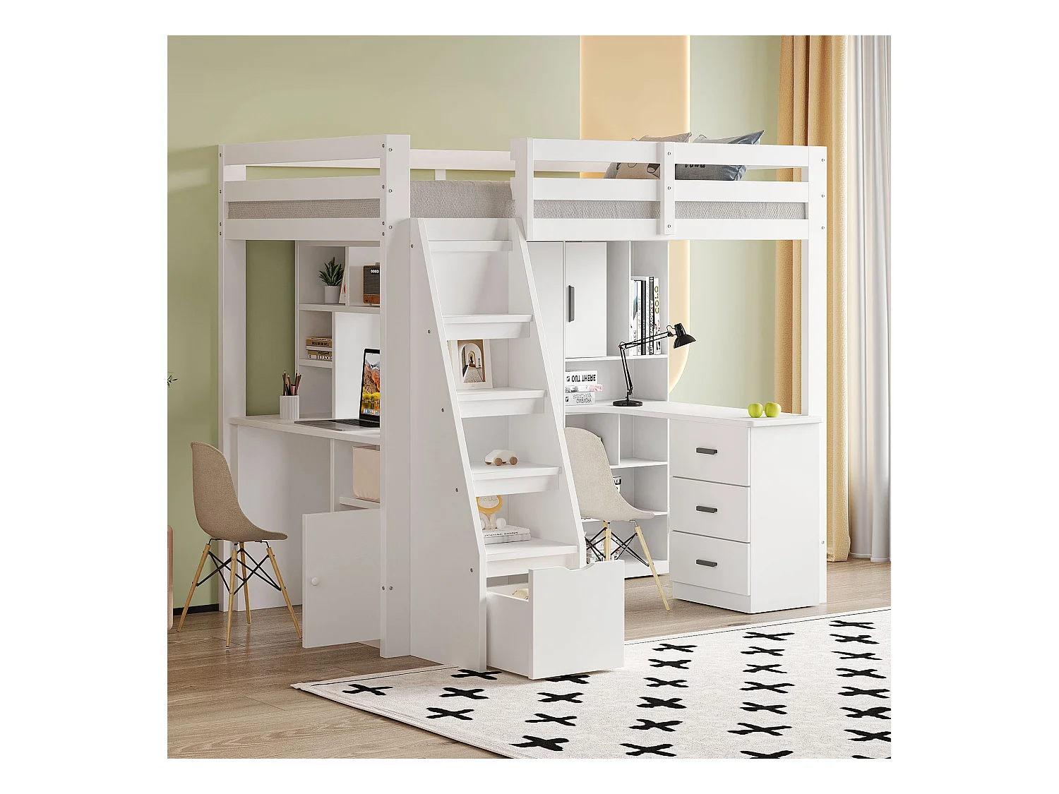 Cama alta 90x200 cm, escritorio con estantes y almacenaje, escalera de seguridad con cajones, estructura de madera maciza, Blanco (205x126x180 cm)