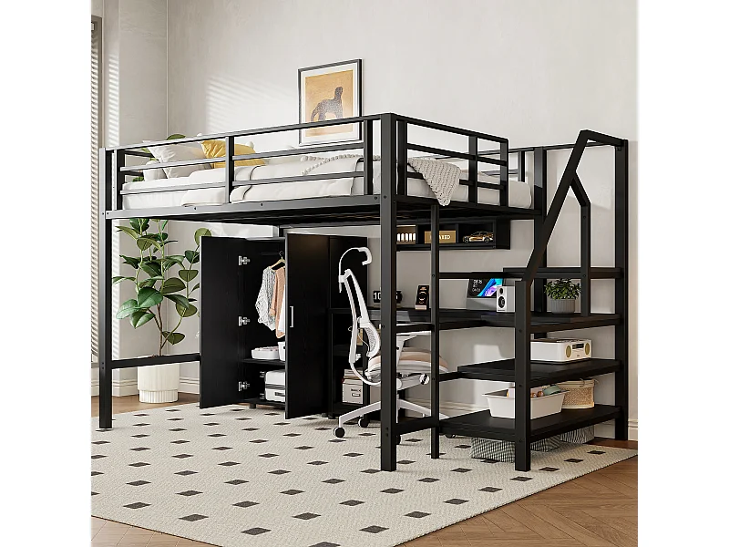 Hoogslaper, 140x200cm, bureau, kledingkast, 3 lades, open opbergruimte, ladder, zonder matras, zwart (255x145x160 cm)