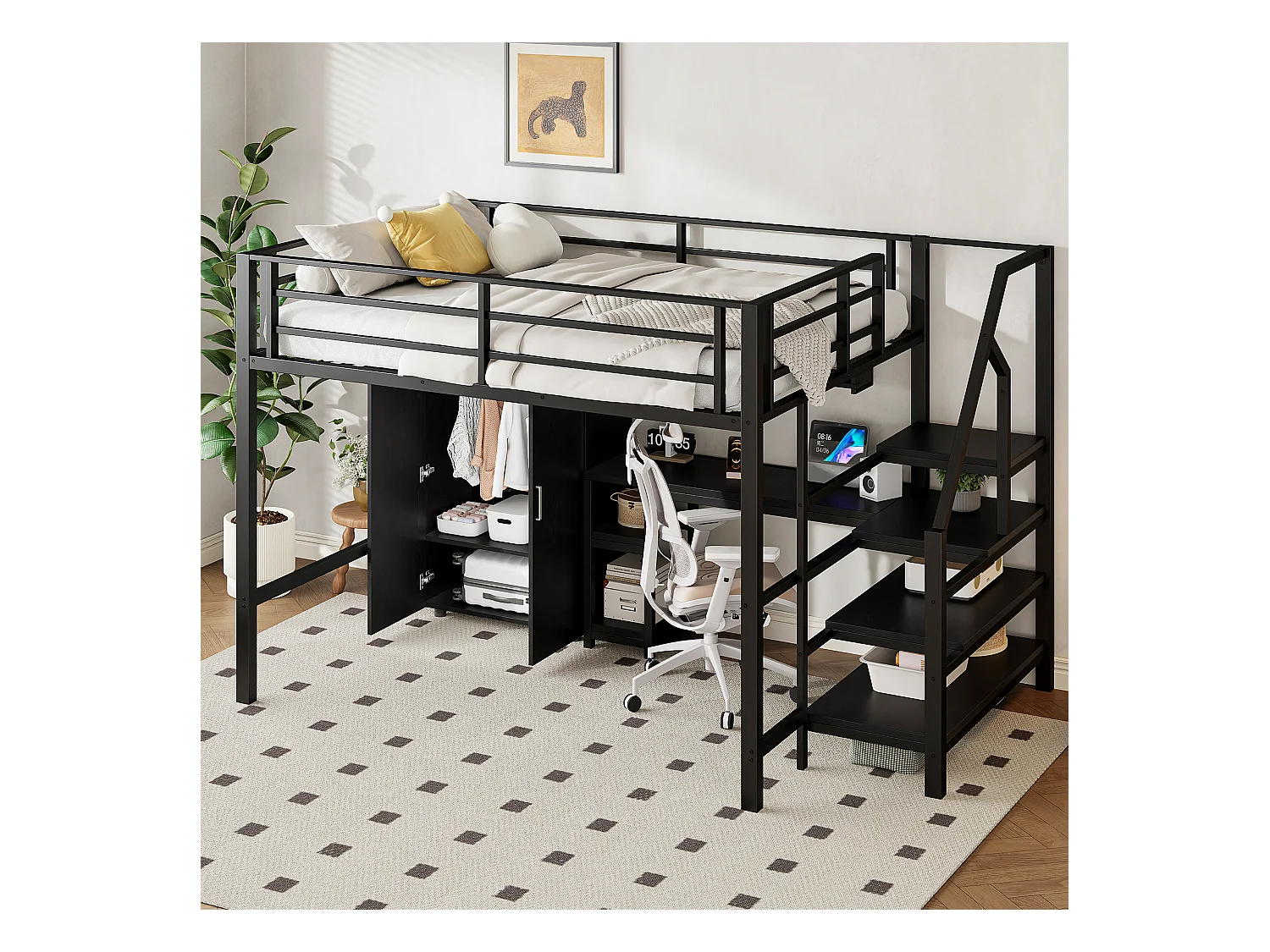 Lit mezzanine, 140x200cm, bureau, armoire, 3 tiroirs, espace de rangement ouvert, échelle, sans matelas, Noir (255x145x160 cm)