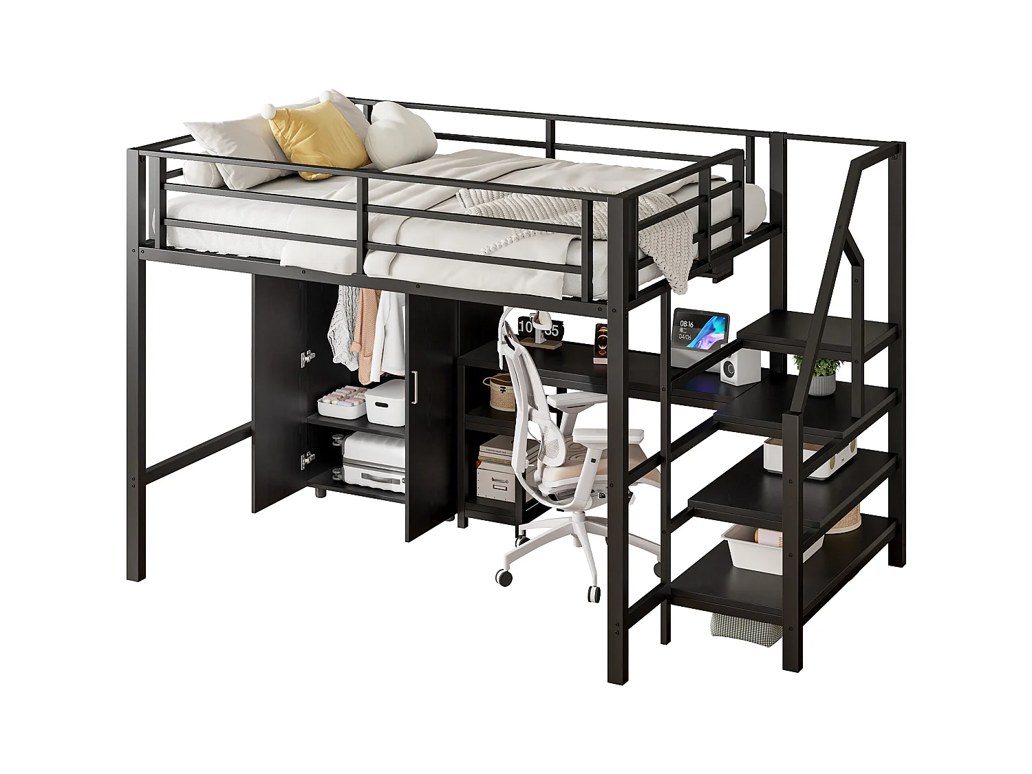 Lit mezzanine, 140x200cm, bureau, armoire, 3 tiroirs, espace de rangement ouvert, échelle, sans matelas, Noir (255x145x160 cm)