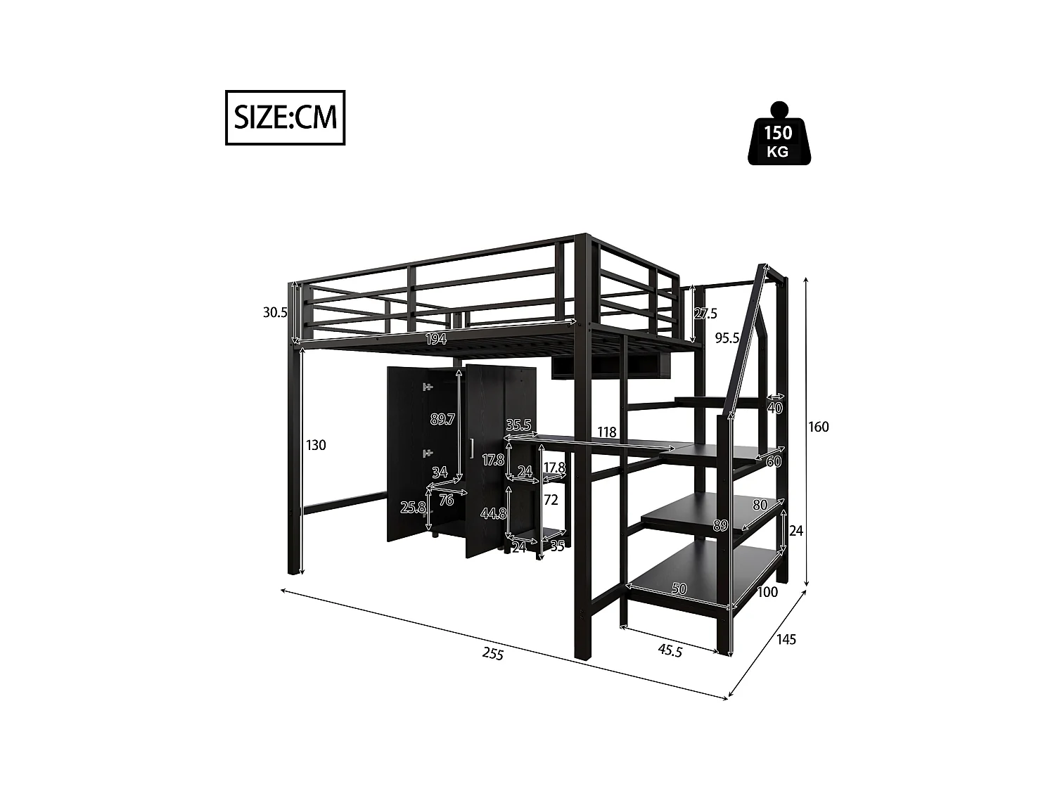 Lit mezzanine, 140x200cm, bureau, armoire, 3 tiroirs, espace de rangement ouvert, échelle, sans matelas, Noir (255x145x160 cm)