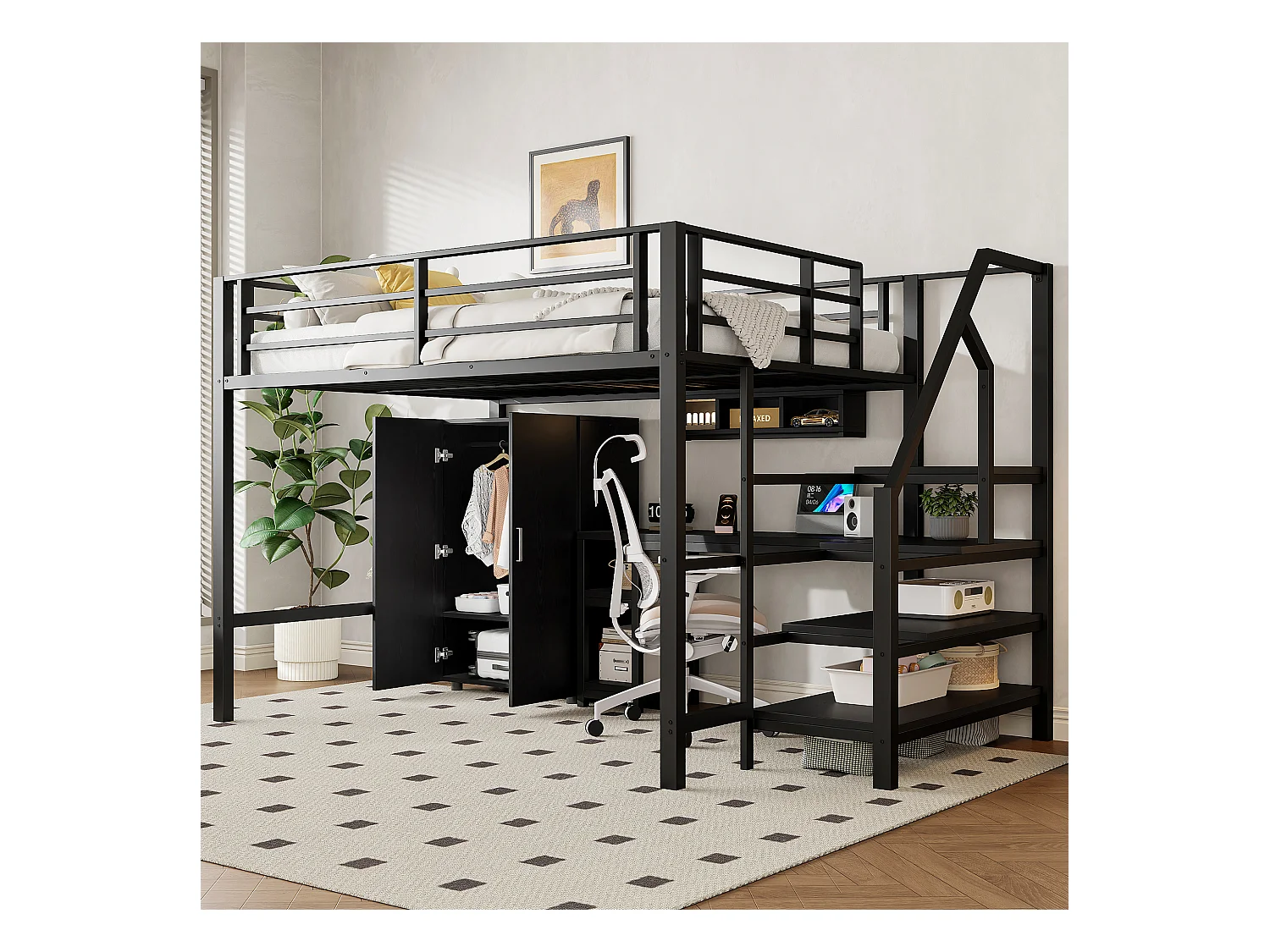 Letto a soppalco, 140x200cm, scrivania, armadio, 3 cassetti, vano portaoggetti aperto, scala, senza materasso, Nero (255x145x160 cm)