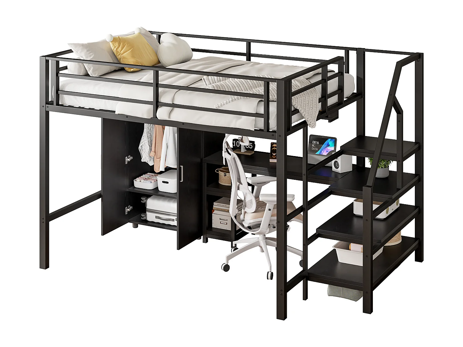 Lit mezzanine, 140x200cm, bureau, armoire, 3 tiroirs, espace de rangement ouvert, échelle, sans matelas, Noir (255x145x160 cm)