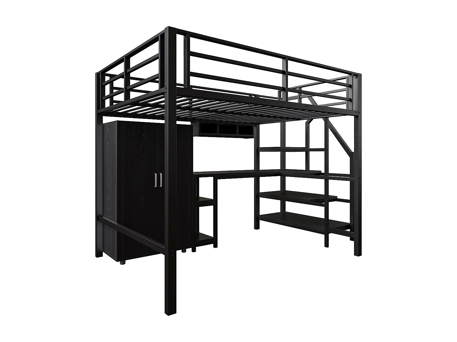 Lit mezzanine, 140x200cm, bureau, armoire, 3 tiroirs, espace de rangement ouvert, échelle, sans matelas, Noir (255x145x160 cm)