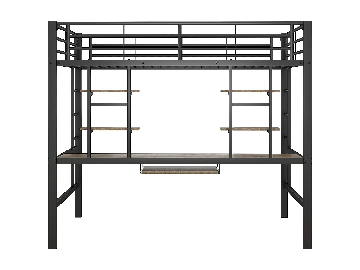 Lit mezzanine 140x200 cm, avec bureau et étagères, métal, noir (204x145x180 cm)