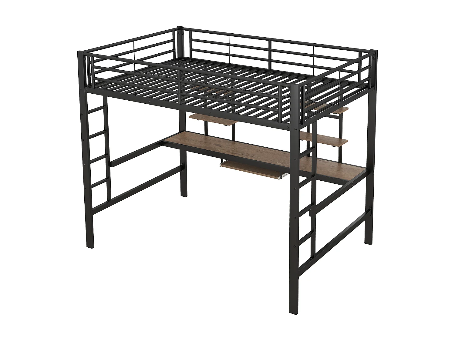 Lit mezzanine 140x200 cm, avec bureau et étagères, métal, noir (204x145x180 cm)