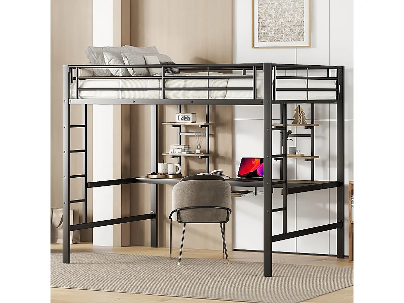 Lit mezzanine 140x200 cm, avec bureau et étagères, métal, noir (204x145x180 cm)