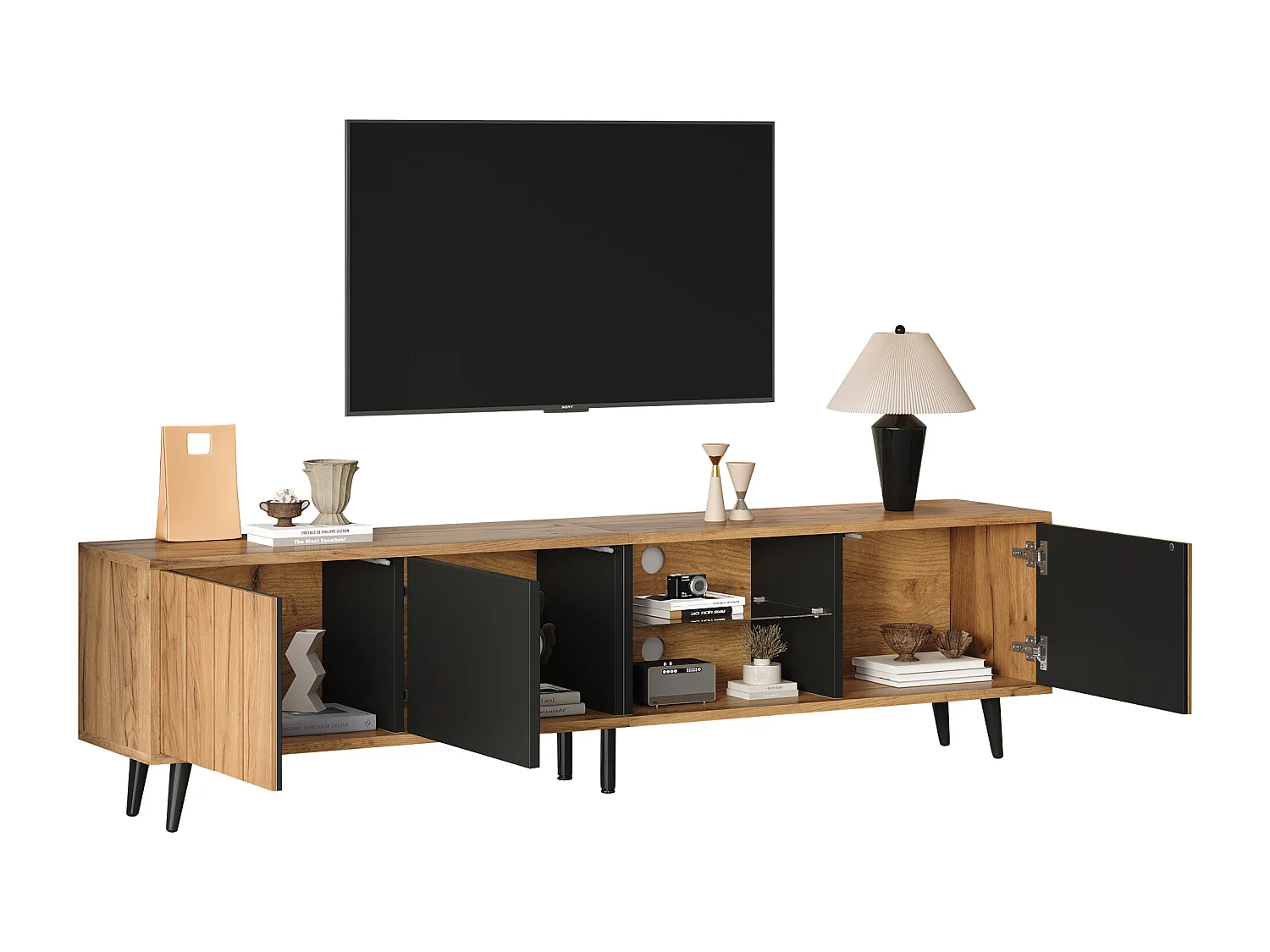 TV-Ständer - 175 x 31,5 x 45 cm - mit 3 Schränken - passend für 75 Zoll Fernseher - Spanplatte - natur