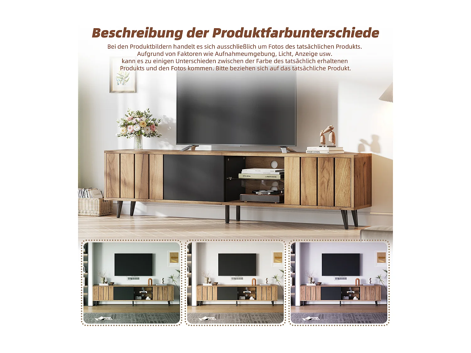 TV-Ständer - 175 x 31,5 x 45 cm - mit 3 Schränken - passend für 75 Zoll Fernseher - Spanplatte - natur