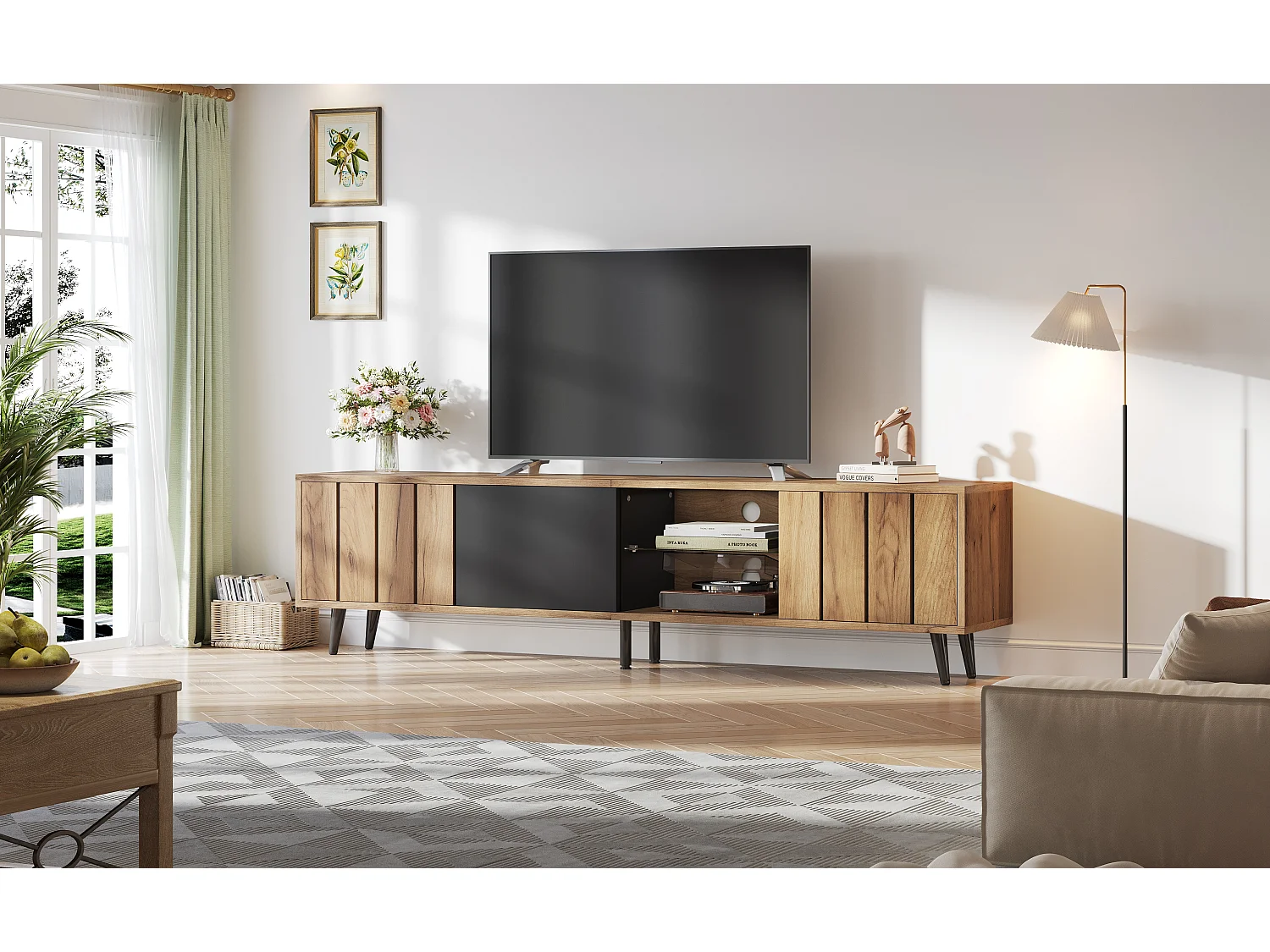 TV-Ständer - 175 x 31,5 x 45 cm - mit 3 Schränken - passend für 75 Zoll Fernseher - Spanplatte - natur
