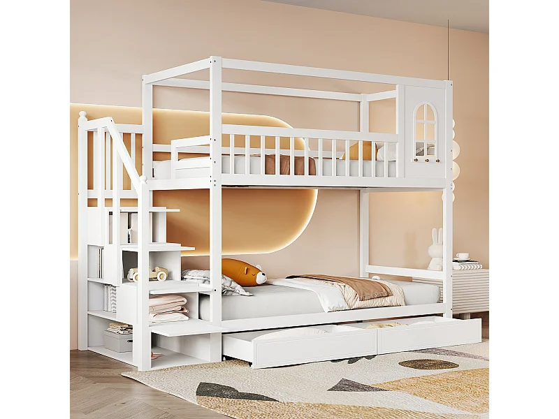 Hoogslaper 140x200 cm, 3-laags plank, bureau, kledingkast, veilige ladder, opbergruimte, metaal, wit (252x147,5x178,5 cm)