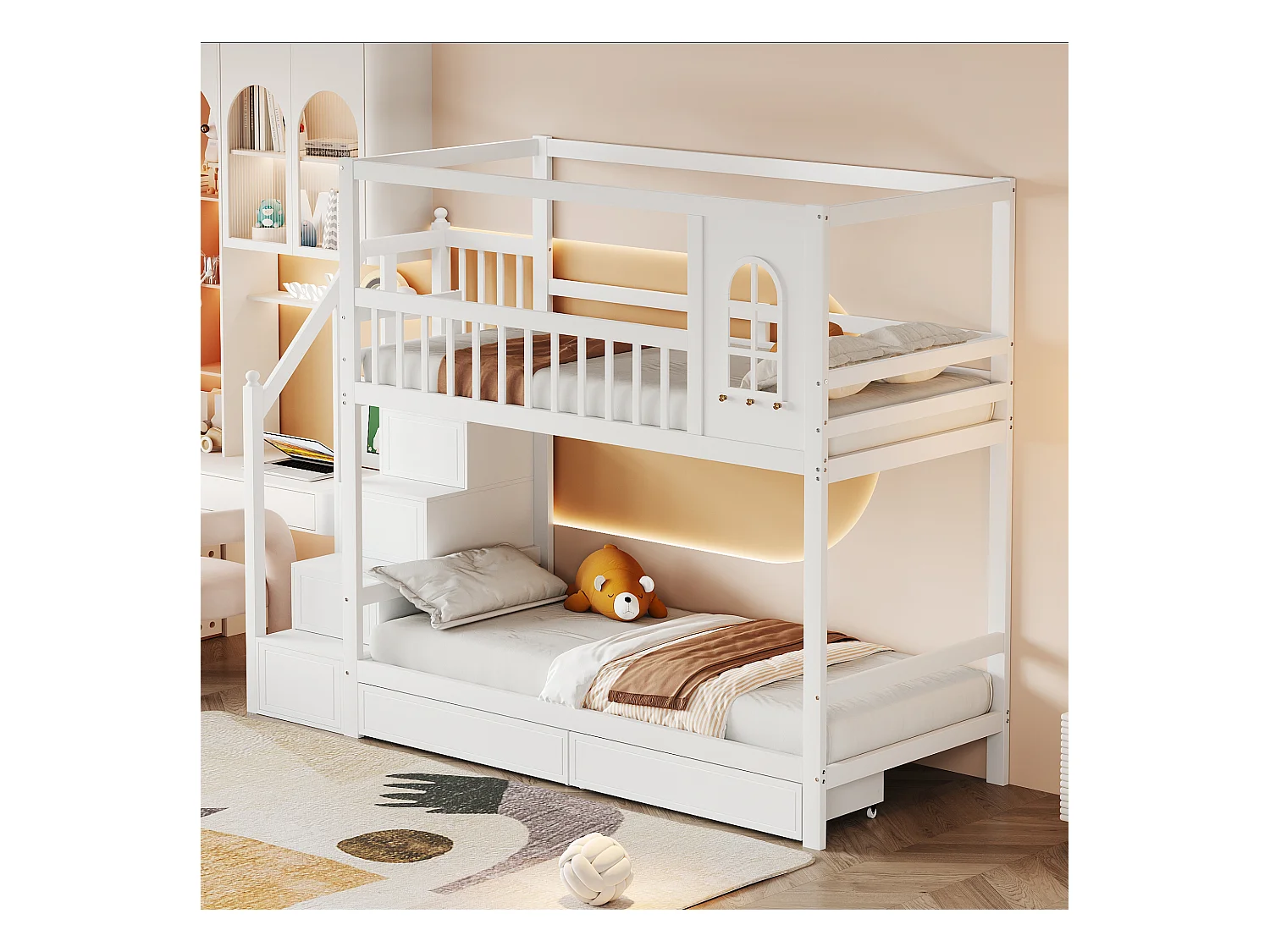 Lit mezzanine 140x200 cm, étagère à 3 niveaux, bureau, armoire, échelle sécurisée, rangement, métal, blanc (252x147.5x178.5 cm)